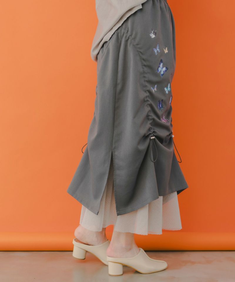 蝶柄プリント メッシュ切替ドロストスカート-4