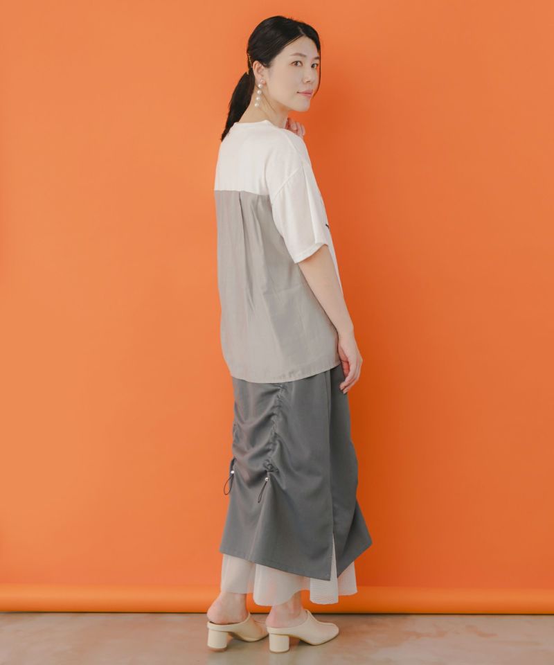 蝶柄プリント メッシュ切替ドロストスカート-5