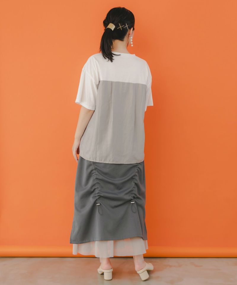 蝶柄プリント メッシュ切替ドロストスカート-6