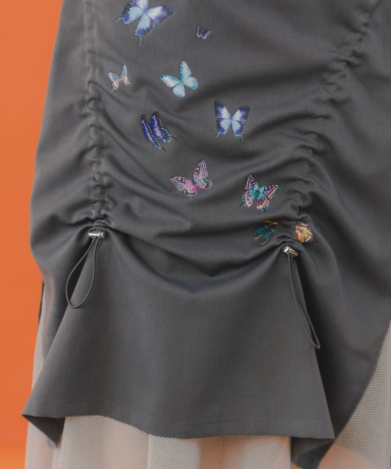 蝶柄プリント メッシュ切替ドロストスカート-8