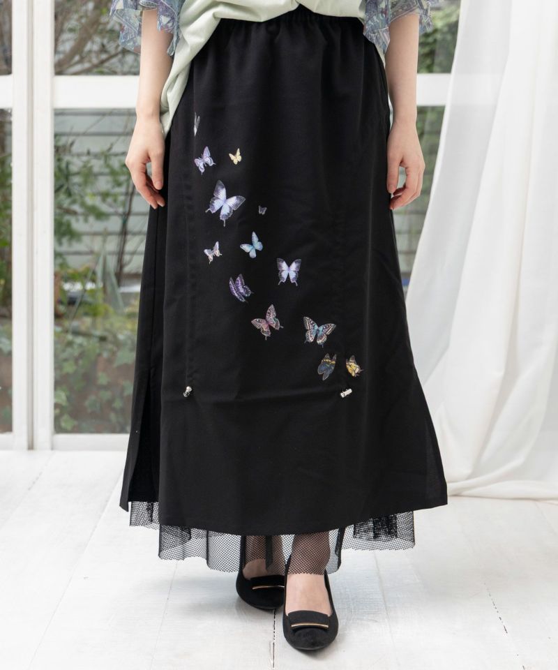 蝶柄プリント メッシュ切替ドロストスカート-19