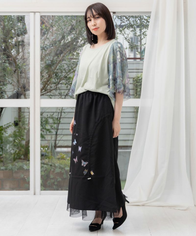 蝶柄プリント メッシュ切替ドロストスカート-20