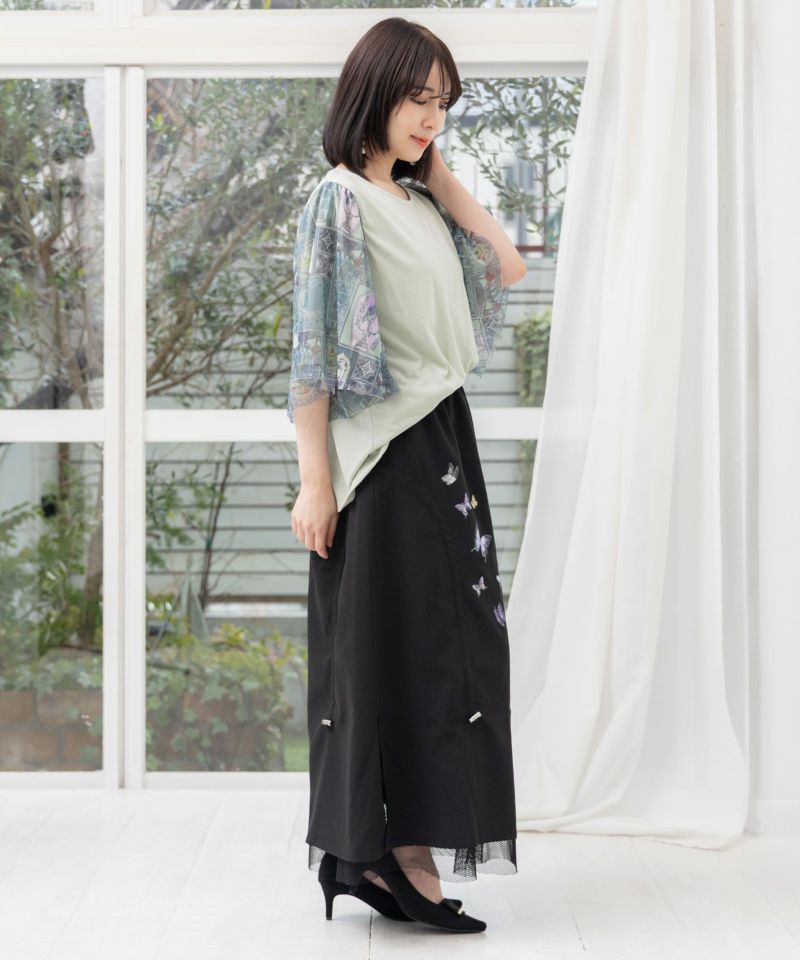 蝶柄プリント メッシュ切替ドロストスカート-22