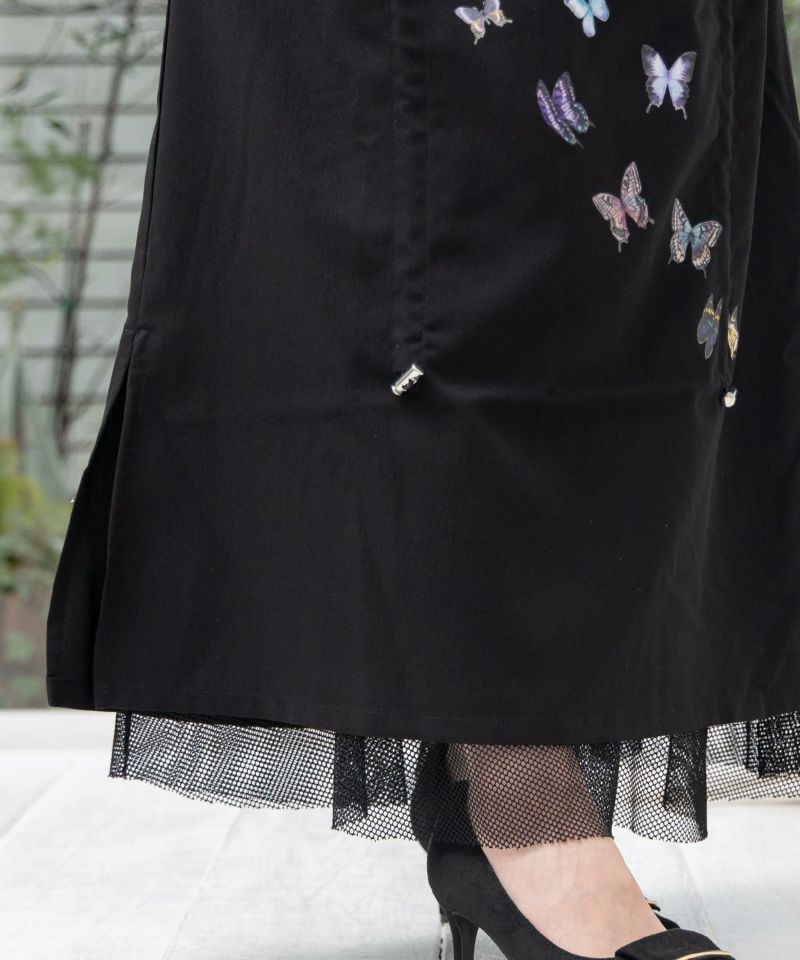 蝶柄プリント メッシュ切替ドロストスカート-24