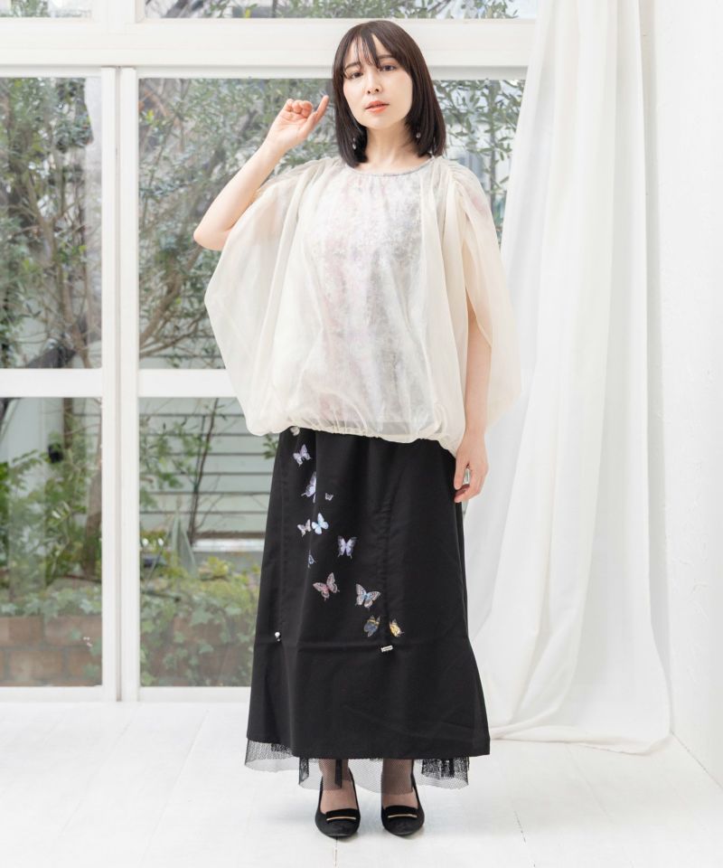 蝶柄プリント メッシュ切替ドロストスカート-26