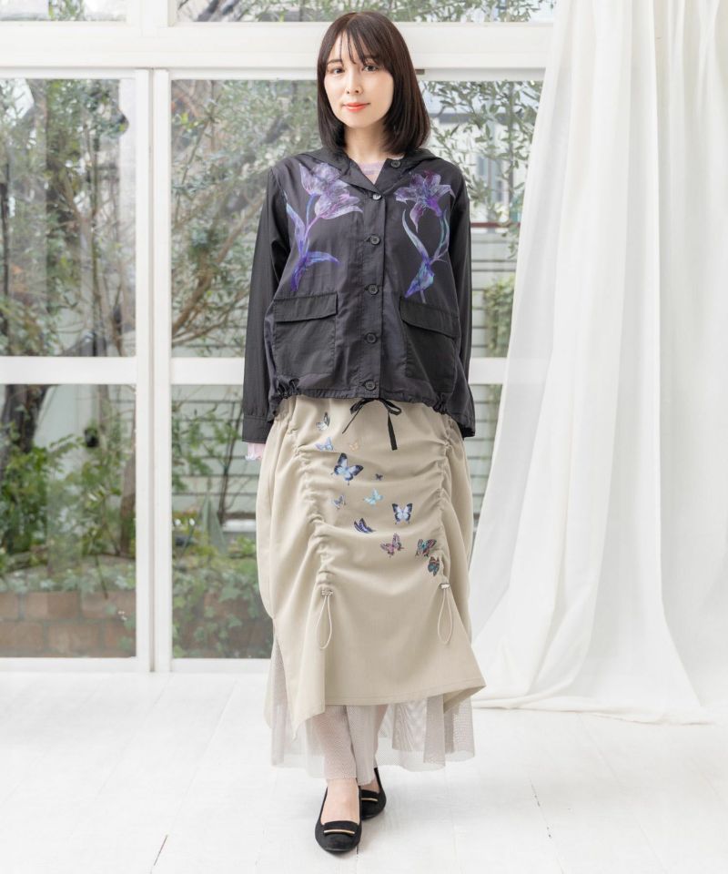 蝶柄プリント メッシュ切替ドロストスカート-28