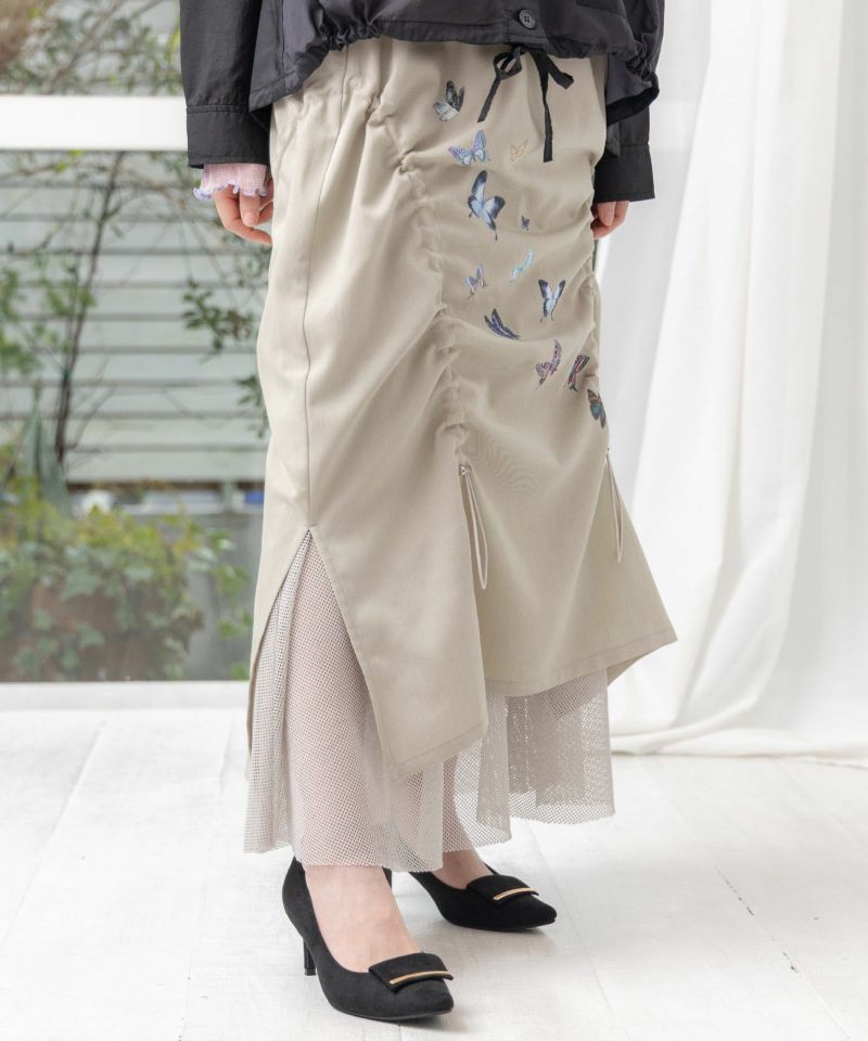 蝶柄プリント メッシュ切替ドロストスカート-30