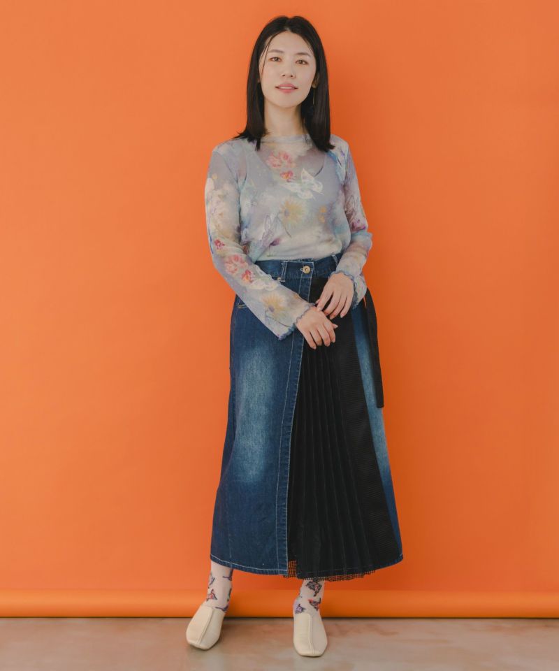 花蝶アート柄 ラメチュールロングスリーブTシャツ-2