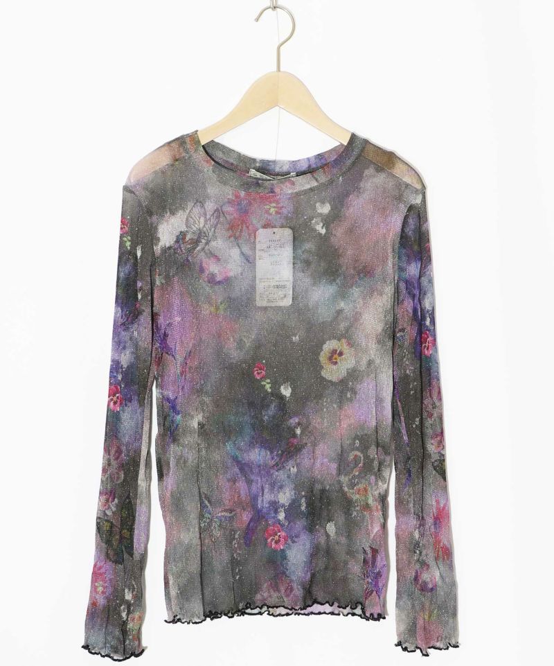 花蝶アート柄 ラメチュールロングスリーブTシャツ-6