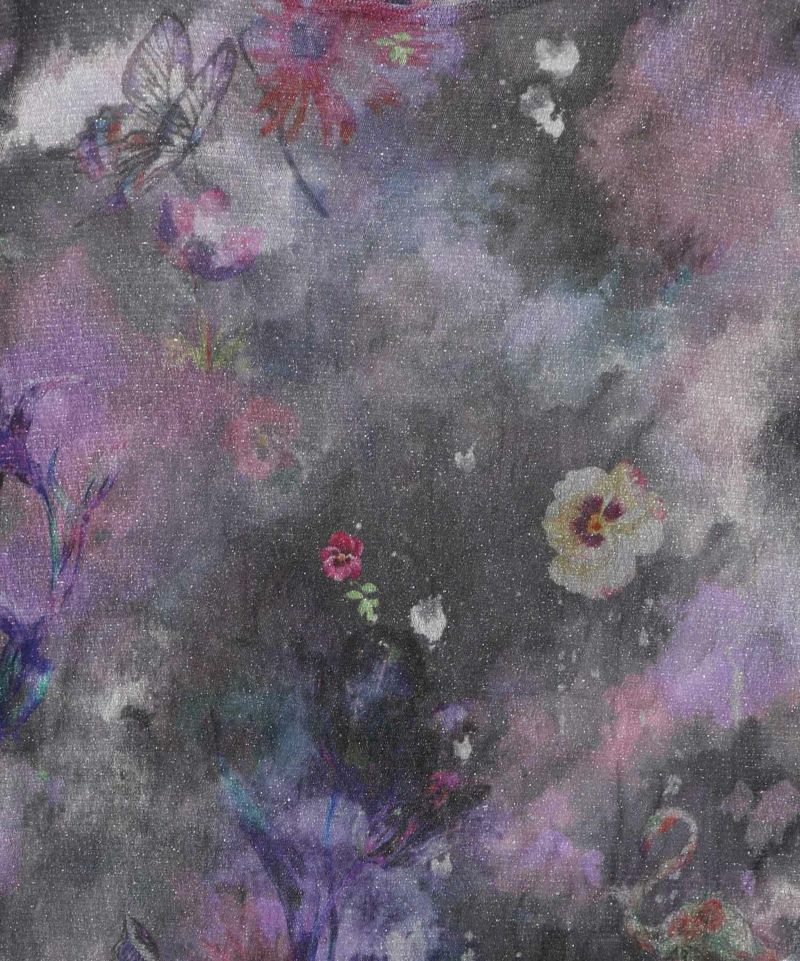 花蝶アート柄 ラメチュールロングスリーブTシャツ-7