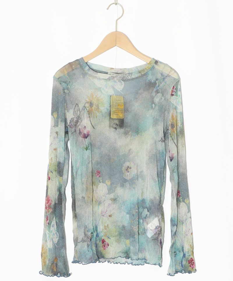 花蝶アート柄 ラメチュールロングスリーブTシャツ-8