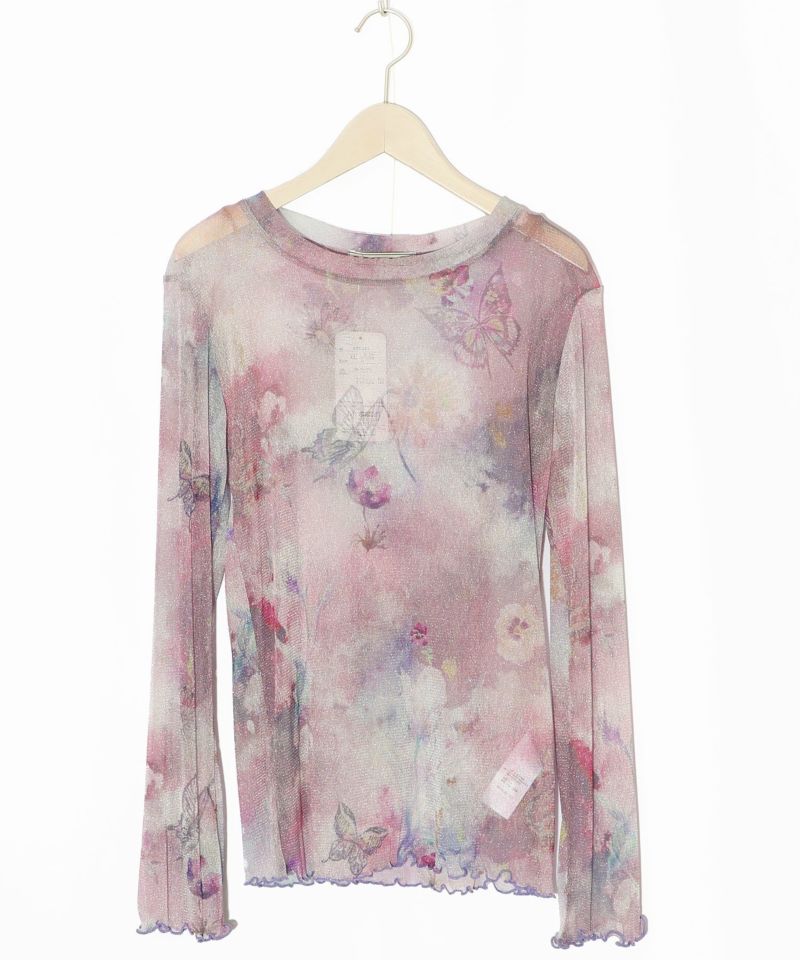 花蝶アート柄 ラメチュールロングスリーブTシャツ-10