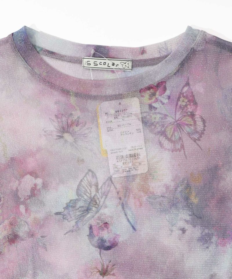 花蝶アート柄 ラメチュールロングスリーブTシャツ-12
