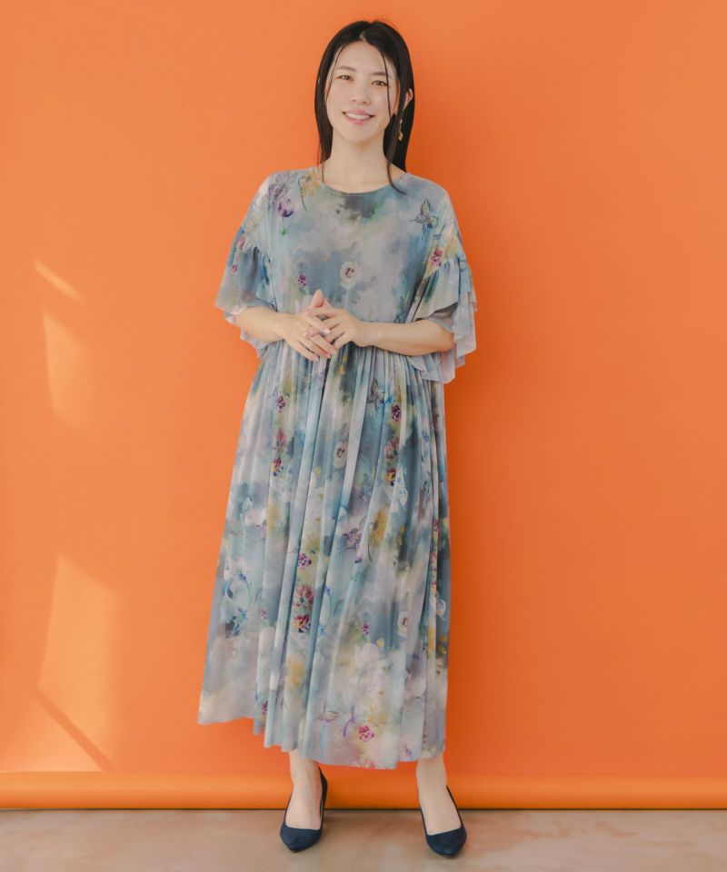花蝶アート柄 チュール重ねワンピース-1