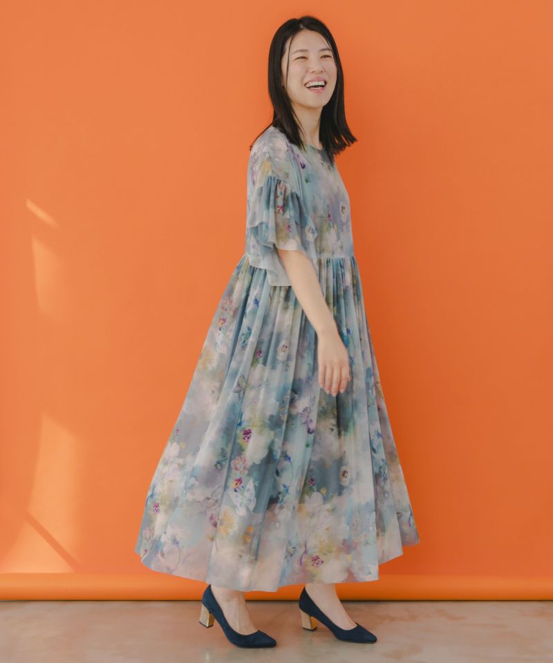 花蝶アート柄 チュール重ねワンピース-3