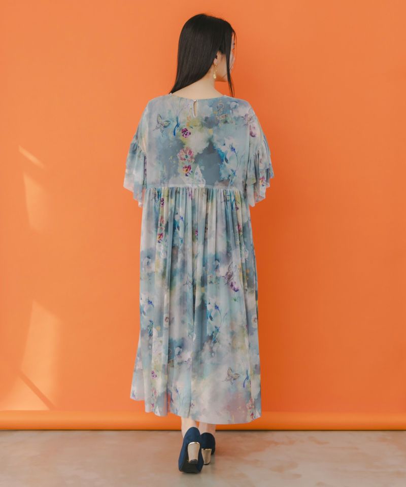 花蝶アート柄 チュール重ねワンピース-4