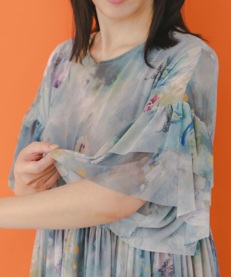 花蝶アート柄 チュール重ねワンピース-7