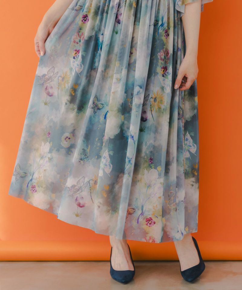花蝶アート柄 チュール重ねワンピース-9