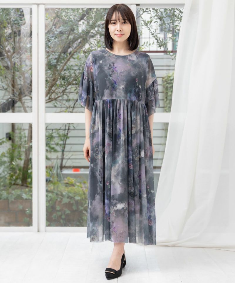 花蝶アート柄 チュール重ねワンピース-15