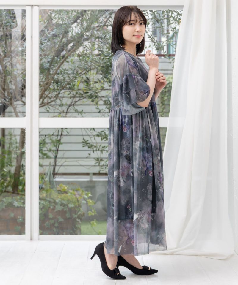 花蝶アート柄 チュール重ねワンピース-16