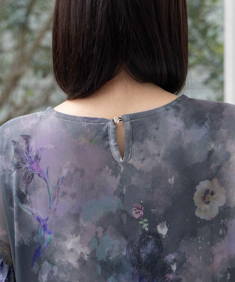 花蝶アート柄 チュール重ねワンピース-19
