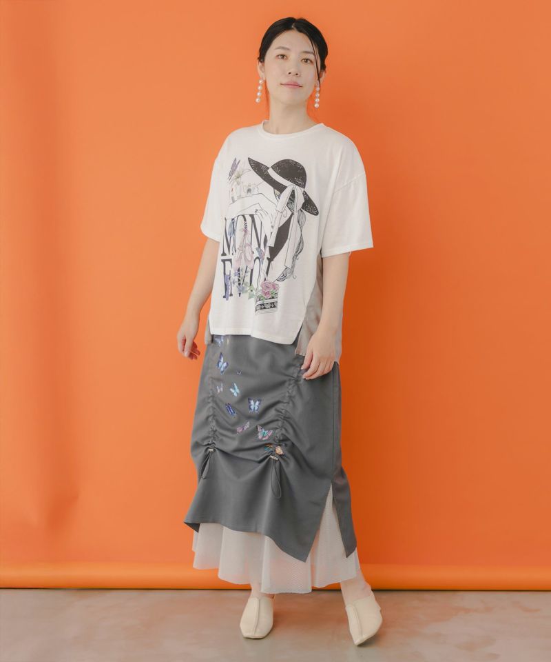 女性とコスメプリント 異素材切替プルオーバー-2