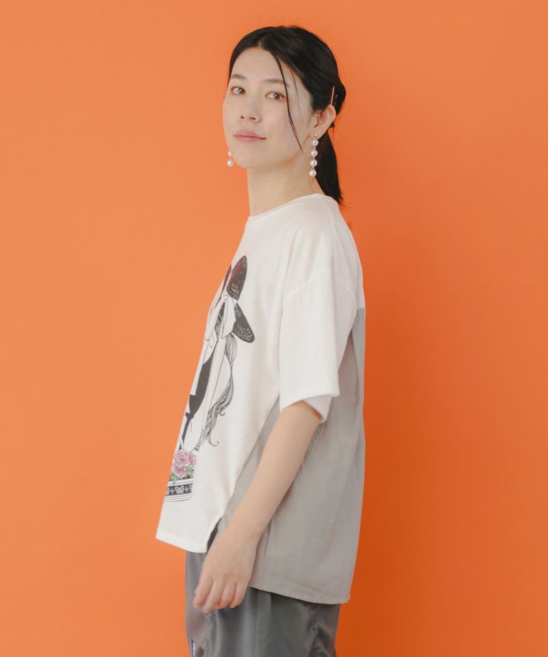 女性とコスメプリント 異素材切替プルオーバー-3