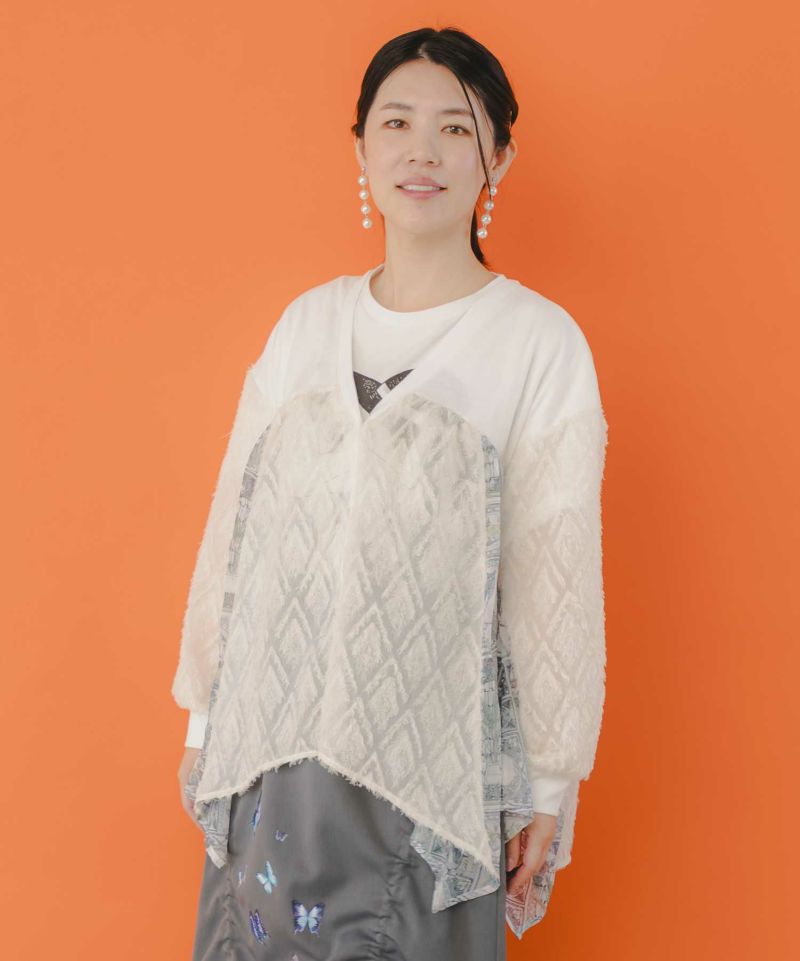 パッチワーク柄シフォン切替カーディガン-1