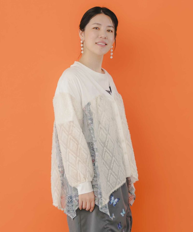 パッチワーク柄シフォン切替カーディガン-3