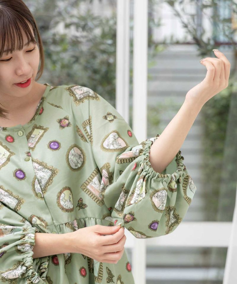 アートな額総柄 ボリュームスリーブワンピース-19
