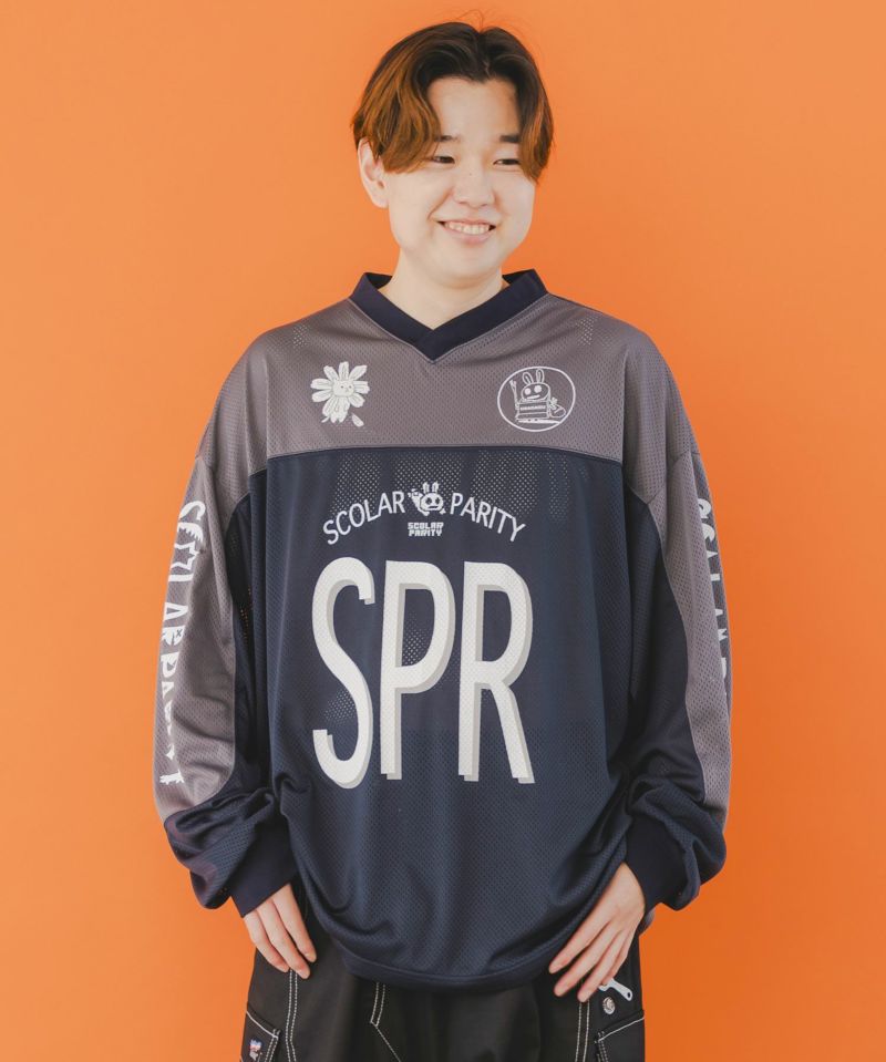 SPRロゴ柄メッシュ切替ロングスリーブTシャツ-1