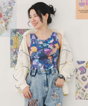 花・コラージュ・クラゲ柄 3柄展開カップ付きタンク-1