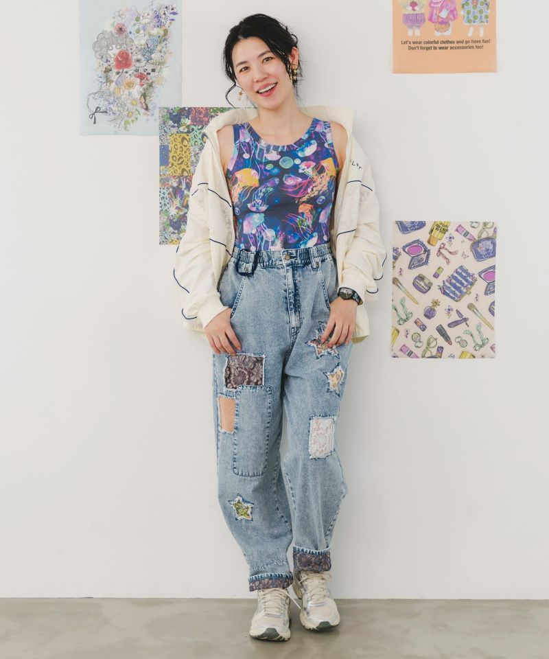 花・コラージュ・クラゲ柄 3柄展開カップ付きタンク-2