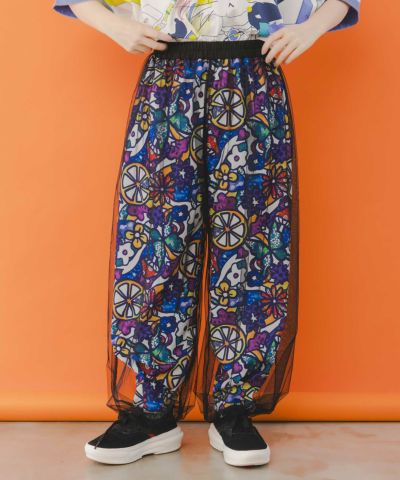 アート花柄・フルーツ柄 2柄展開チュール重ねパンツ-1