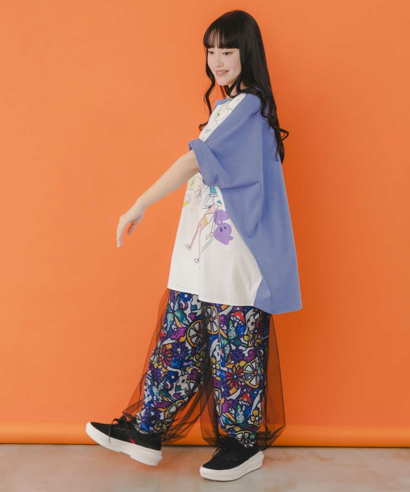 アート花柄・フルーツ柄 2柄展開チュール重ねパンツ-4
