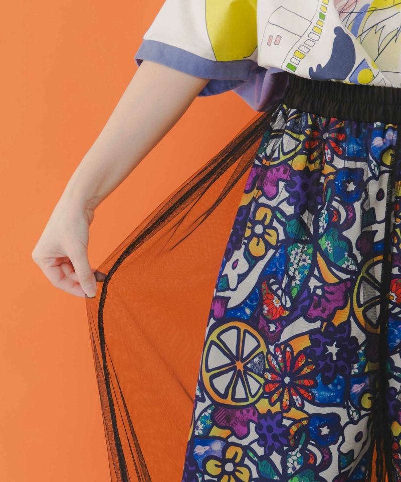 アート花柄・フルーツ柄 2柄展開チュール重ねパンツ-7