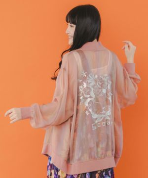 ネコ柄箔プリント オーロラシフォンブルゾン-1