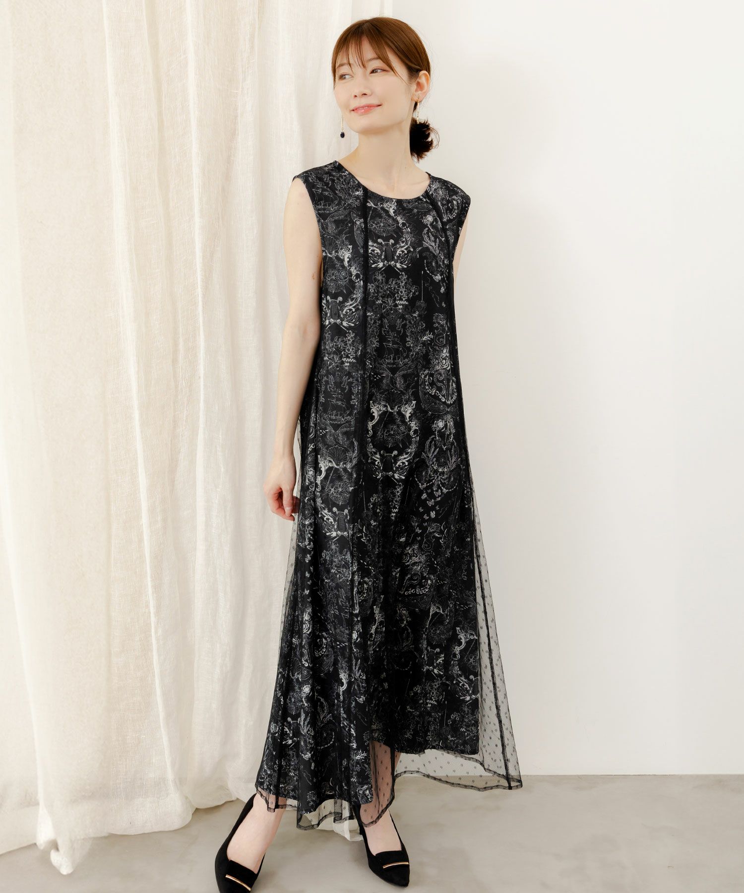 552219：海柄ドットチュール重ねワンピースの通販-ScoLar 