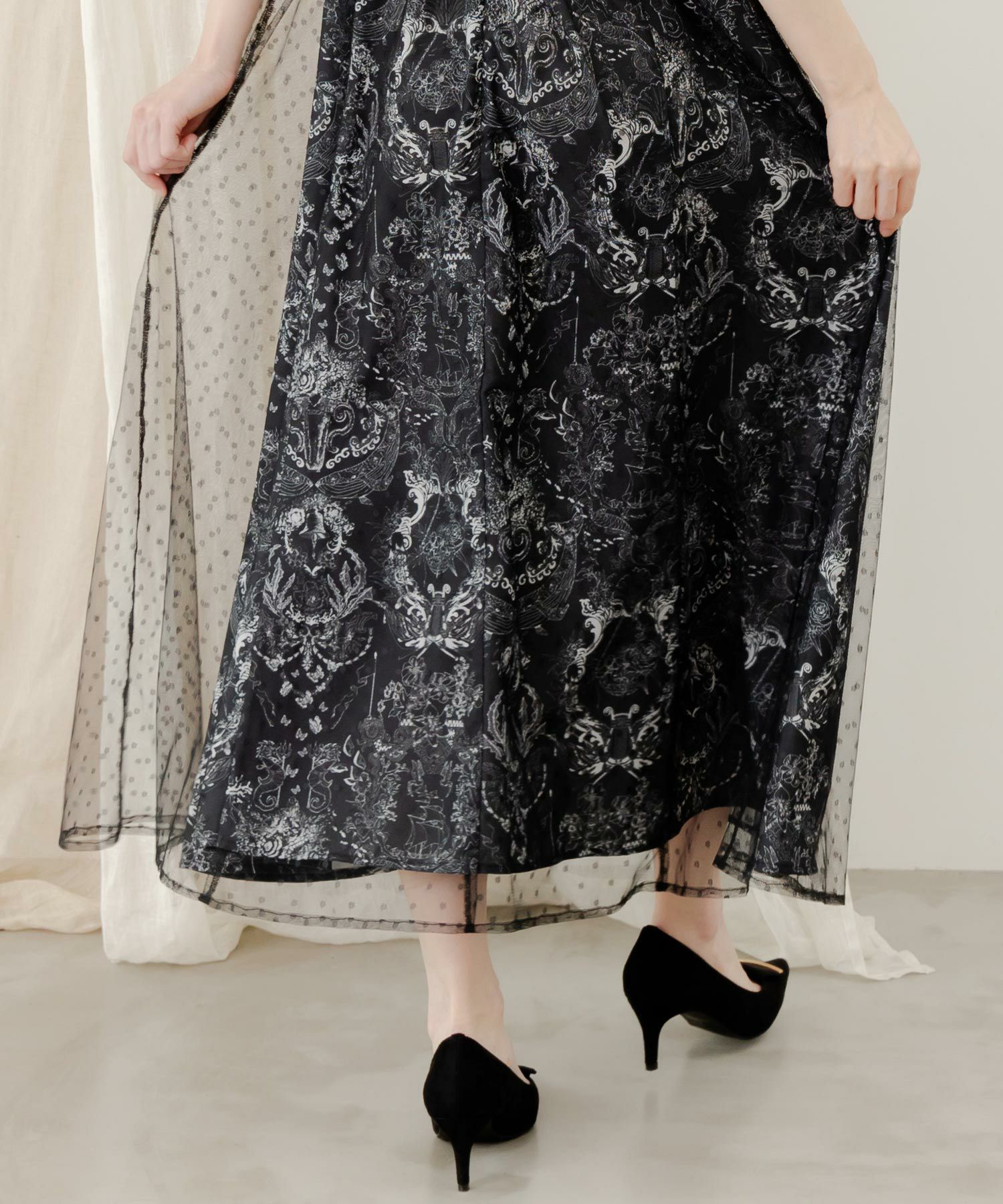 552219：海柄ドットチュール重ねワンピースの通販-ScoLar 