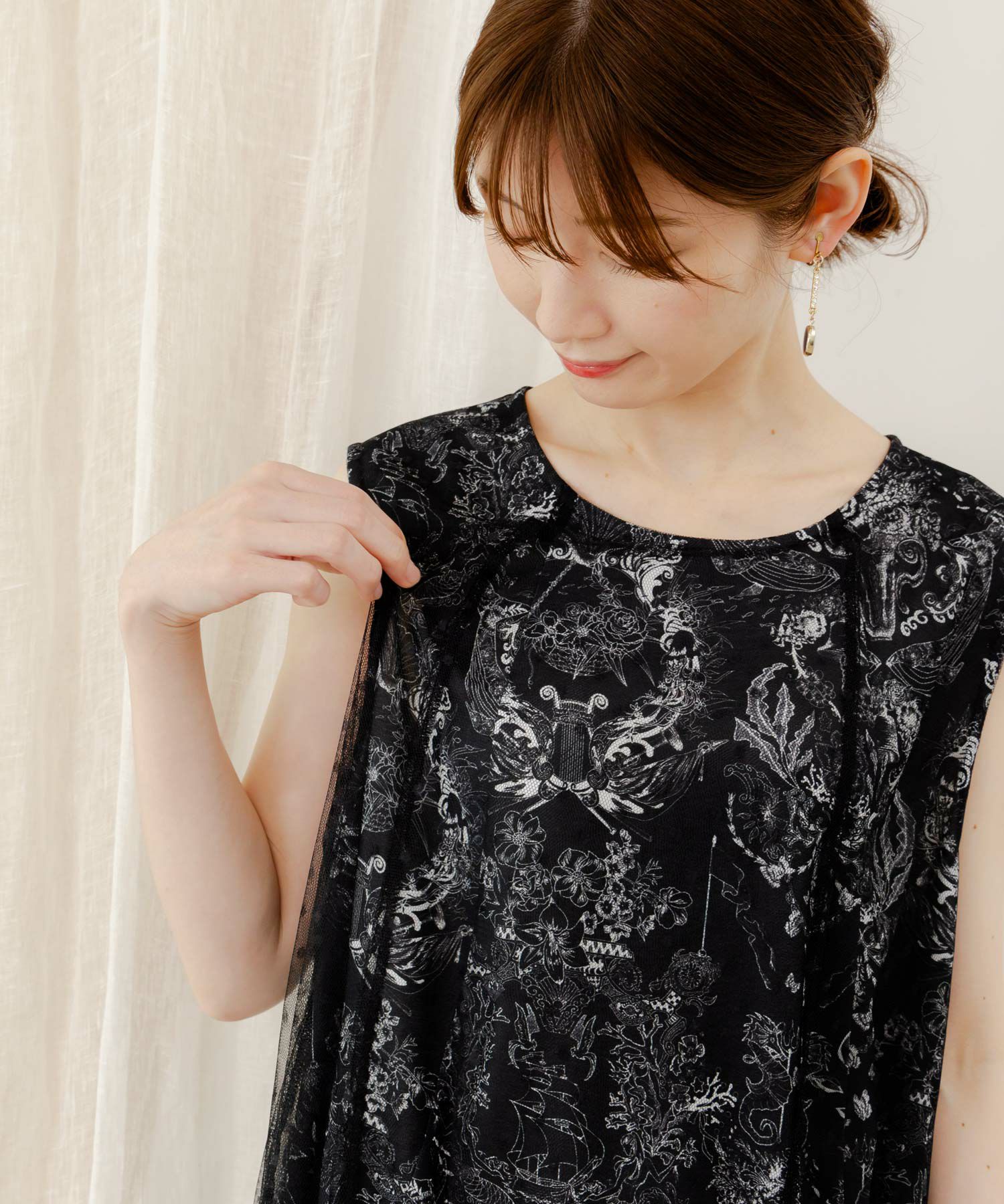 552219：海柄ドットチュール重ねワンピースの通販-ScoLar 