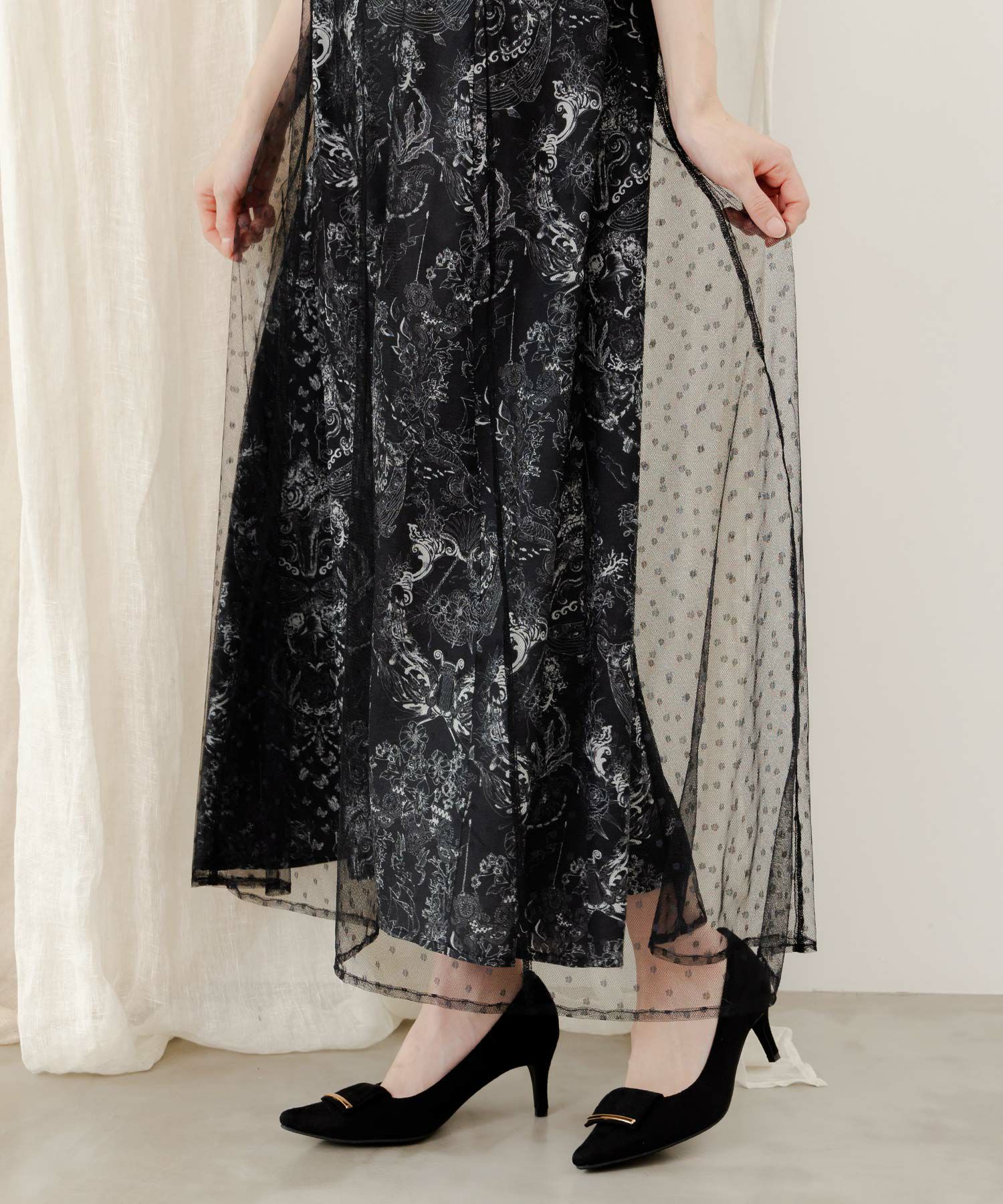 552219：海柄ドットチュール重ねワンピースの通販-ScoLar 