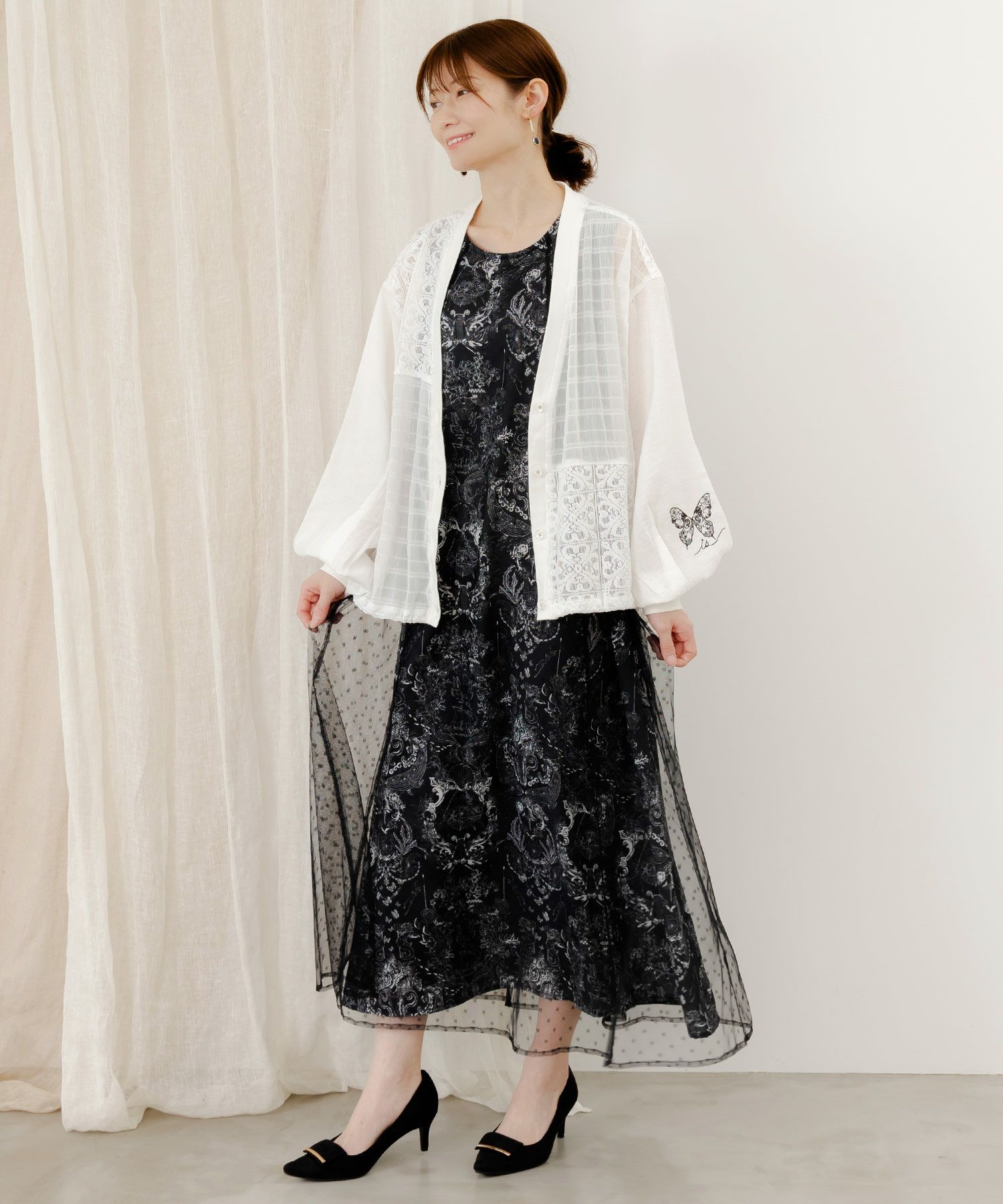 552219：海柄ドットチュール重ねワンピースの通販-ScoLar 