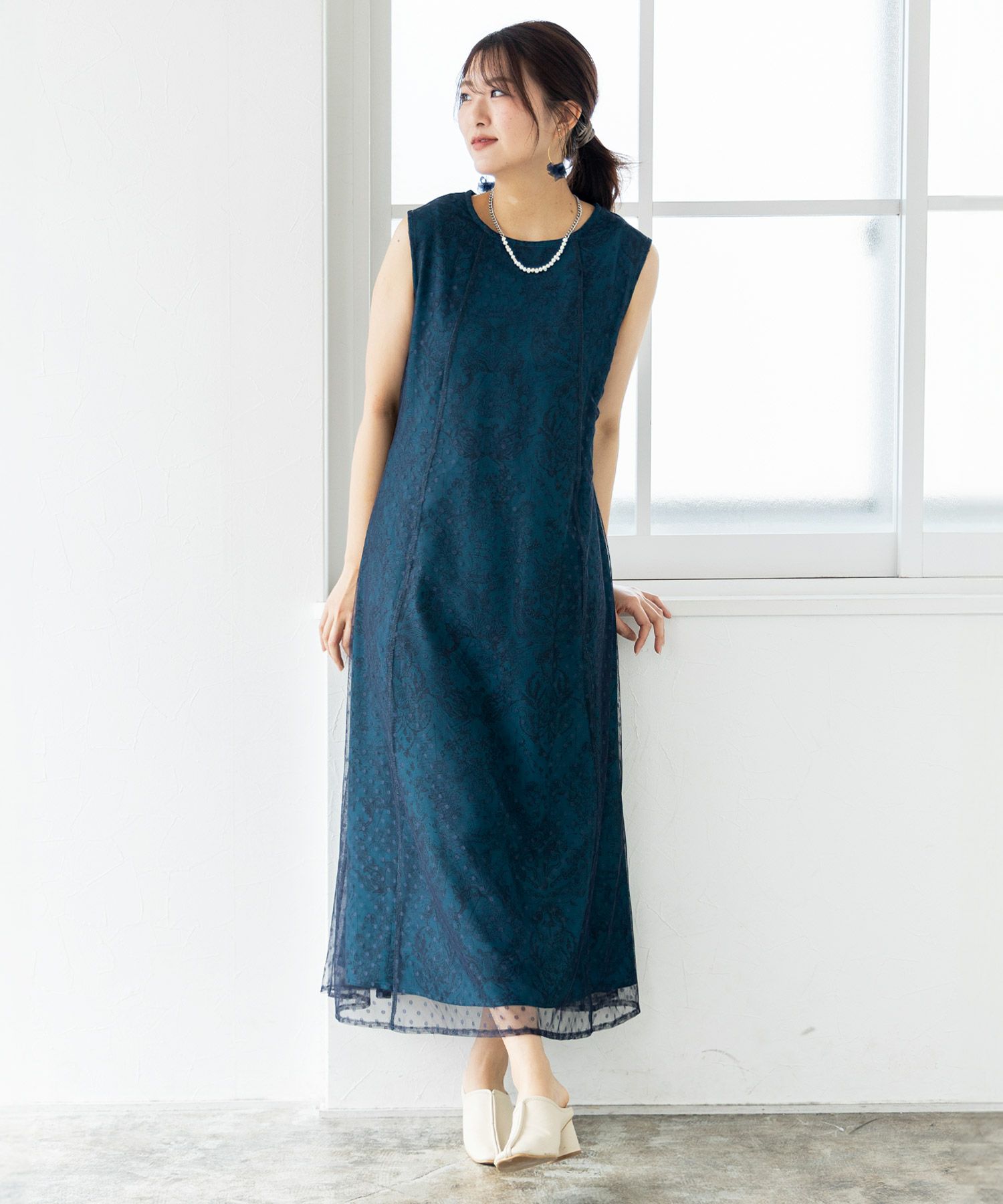 552219：海柄ドットチュール重ねワンピースの通販-ScoLar 