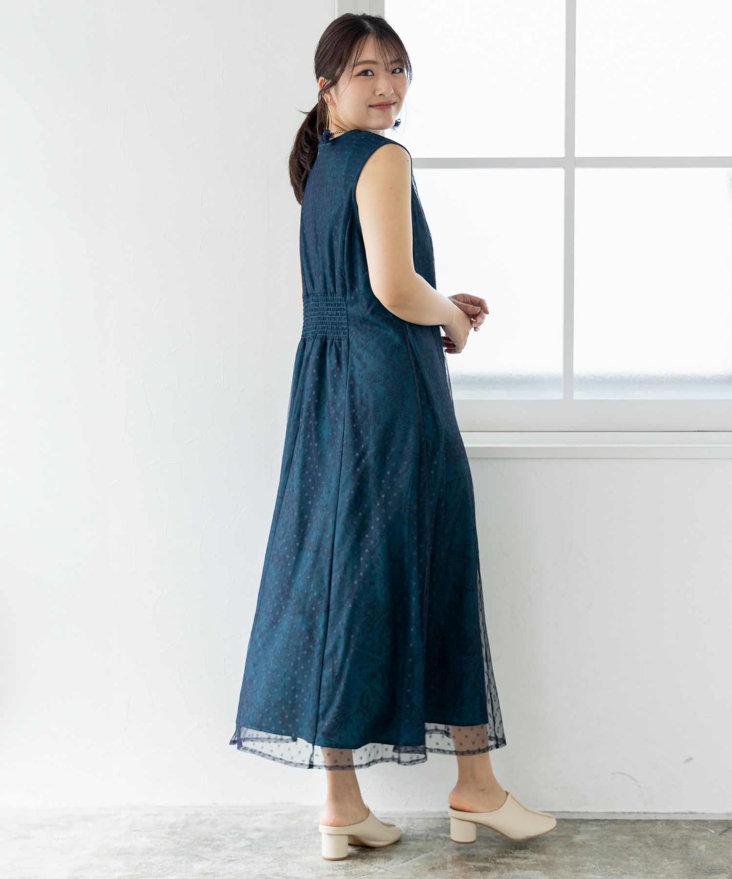 552219：海柄ドットチュール重ねワンピースの通販-ScoLar 