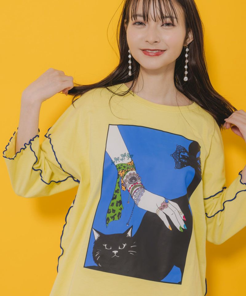 ネコ撫でプリント メローステッチTシャツ-1