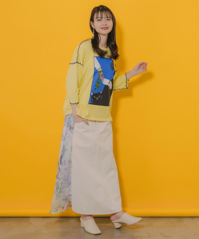 ネコ撫でプリント メローステッチTシャツ-2