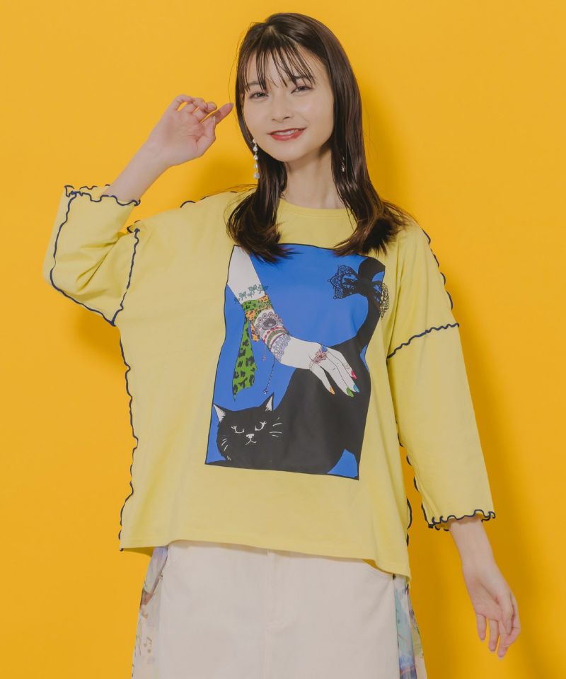 ネコ撫でプリント メローステッチTシャツ-3