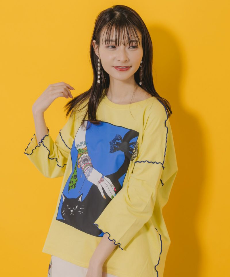ネコ撫でプリント メローステッチTシャツ-4