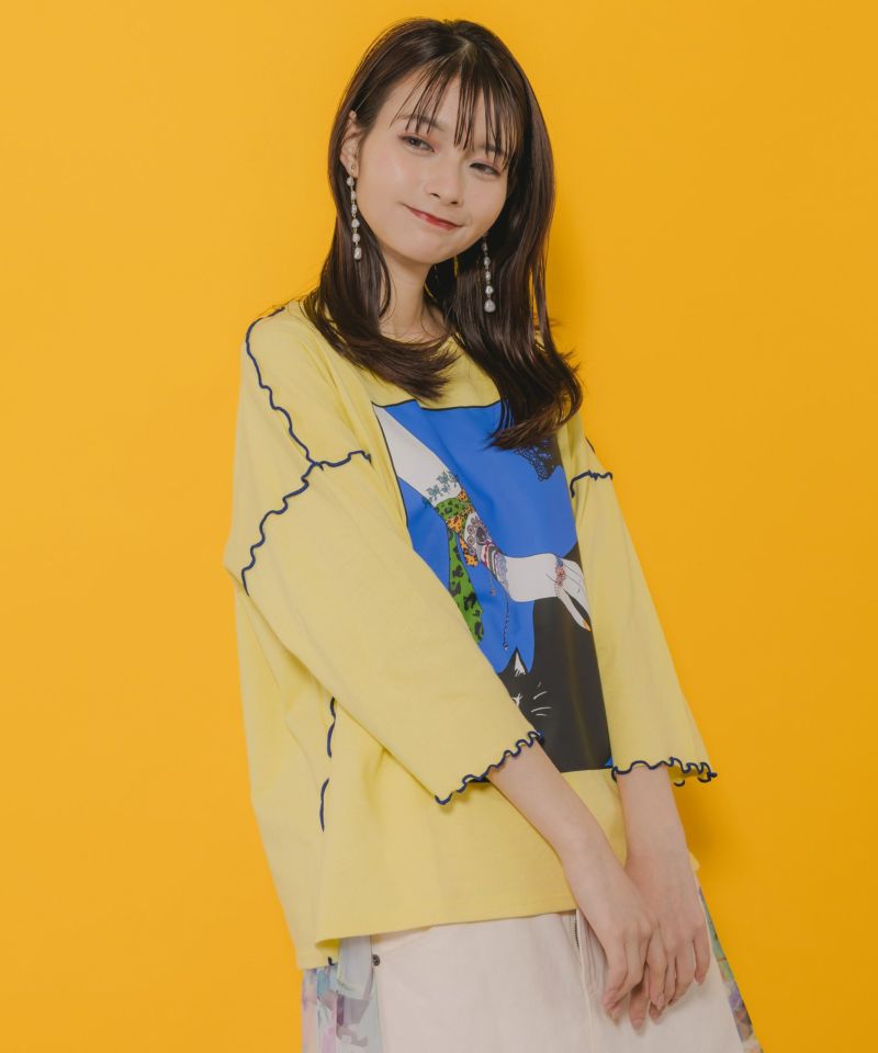 ネコ撫でプリント メローステッチTシャツ-5