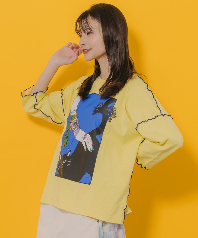 ネコ撫でプリント メローステッチTシャツ-6